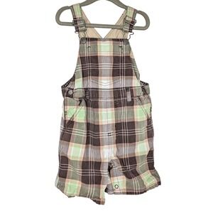 Gymboree Boys Brown Green Plaid Cotton Shortall Overalls 3T RN70530